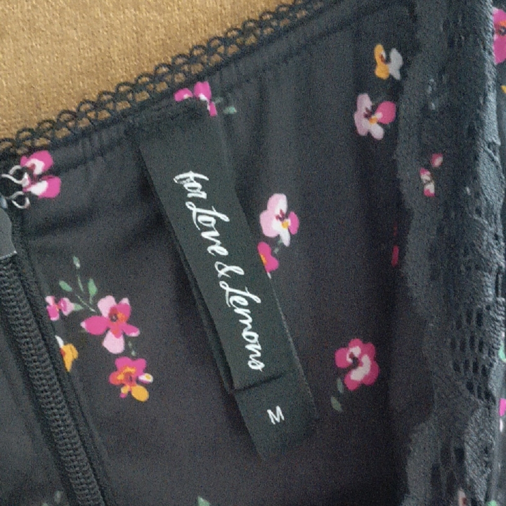 For Love And Lemons Ruched Black Dress with Pink Floral Accents - Picture 2 of 7